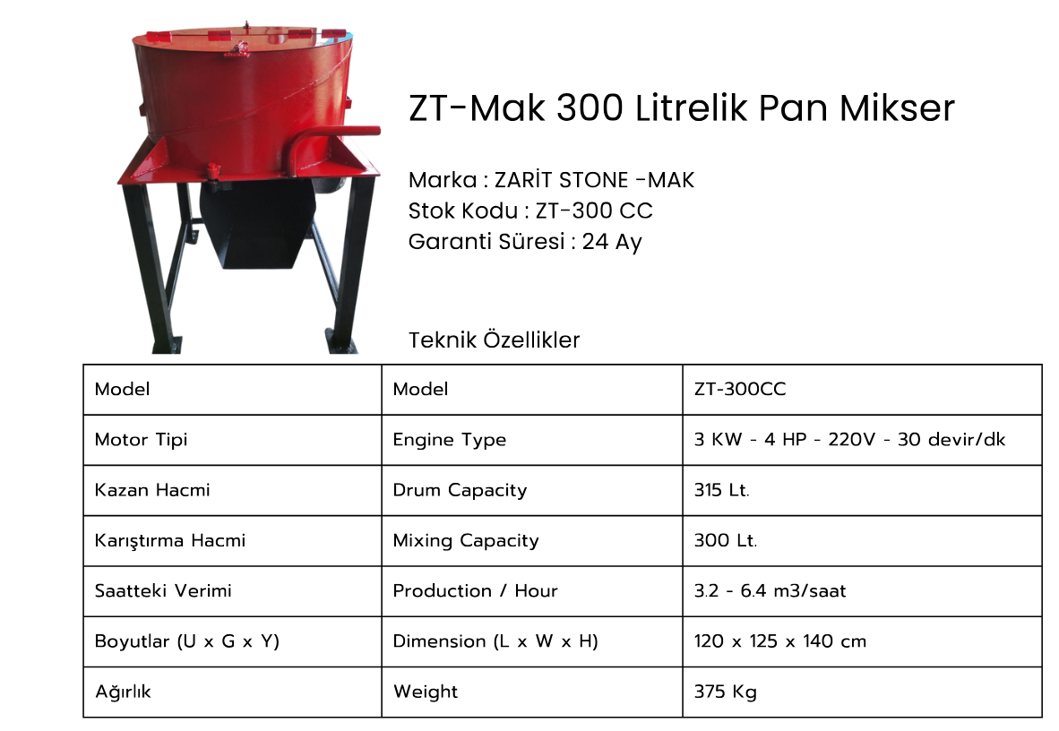 ZT-Mak 300 Litrelik Pan Mikser