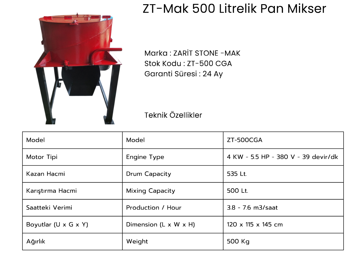 ZT-Mak 500 Litrelik Pan Mikser
