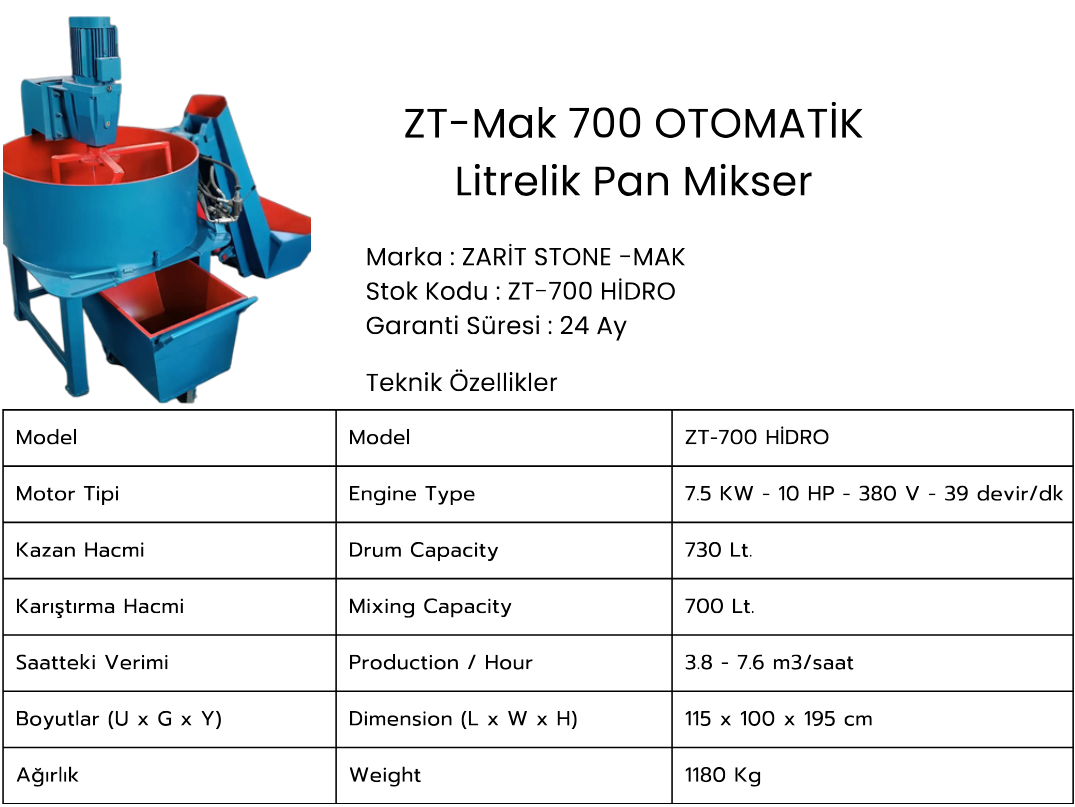 ZT-Mak 700 OTOMATİK Litrelik Pan Mikser